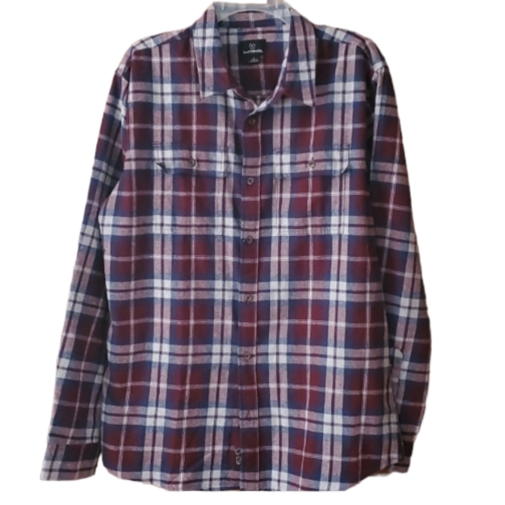 Burnside Flannel Mens Burgundy Navy‎ Buttondown Plaid Flannel Shirt Size Large